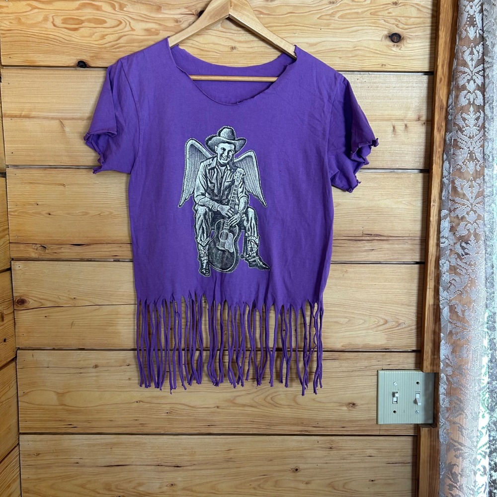Vintage Hank Williams Reworked T Shirt Womens Medium Purple Fringe DIY Upcycled